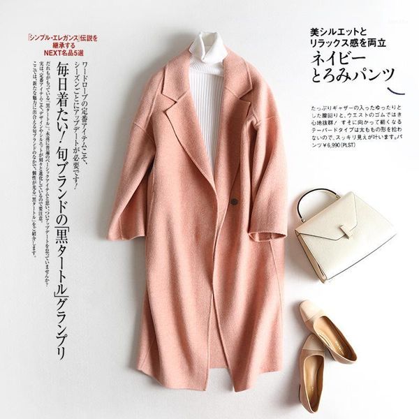 

elegant 100% wool coat female long sheep fur jacket women autumn spring korean woolen jackets vintage blend overcoat hiver 0011, Black