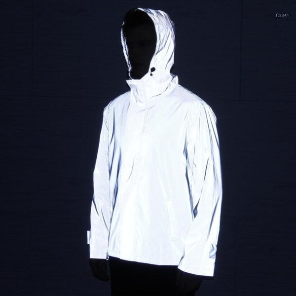 

all reflective hooded windbreaker, ins luminous jacket, hip hop sports jacket, windbreaker, men and women.1, Black;brown