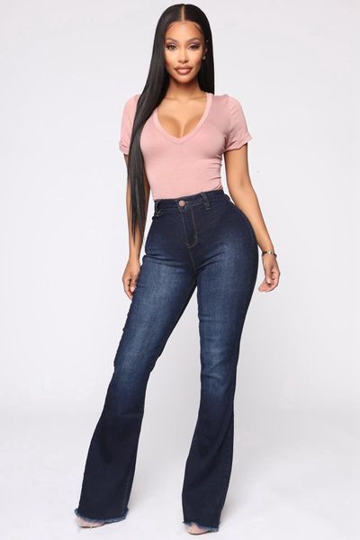 

high waist flare jeans bell bottom jeans spring autumn boot cut jeans for women denim skinny mom wide leg plus size, Blue