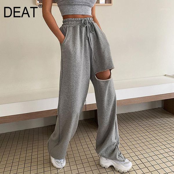 

deat 2020 new high waist rope pulling knee broken full length gray color straight pants female summer and autumn home wear wl7631, Black;white