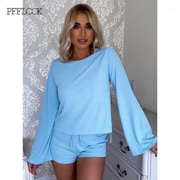 

pfflook casual loose two piece set women drawstring long sleeve o neck crop shorts 2 piece set sports solid autumn tracksuit1, Gray