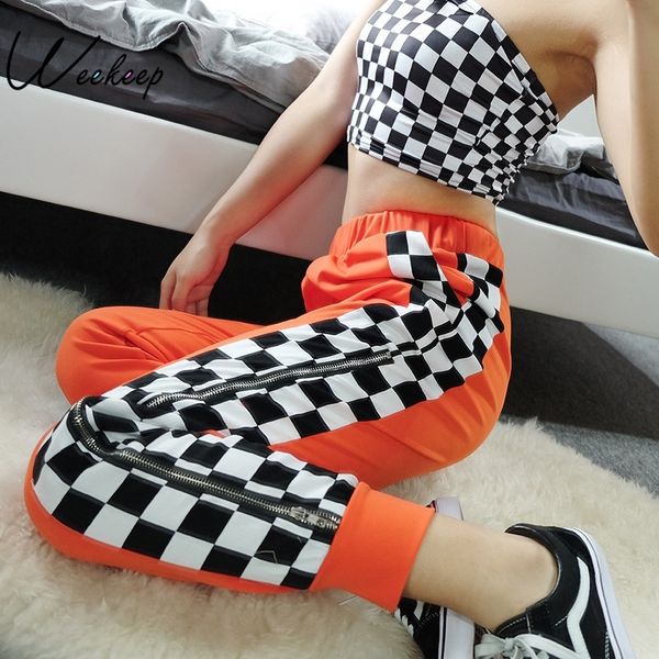 

weekeep women high waist side checkerboard pants zipper split streetwear sweatpants womens trousers plaid pencil pants y200114, Black;white
