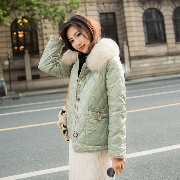 

2021 new women's winter unique natural fur collar breasted white down short thick jacket wind-proof parka fox skin outwear z2vw, Black