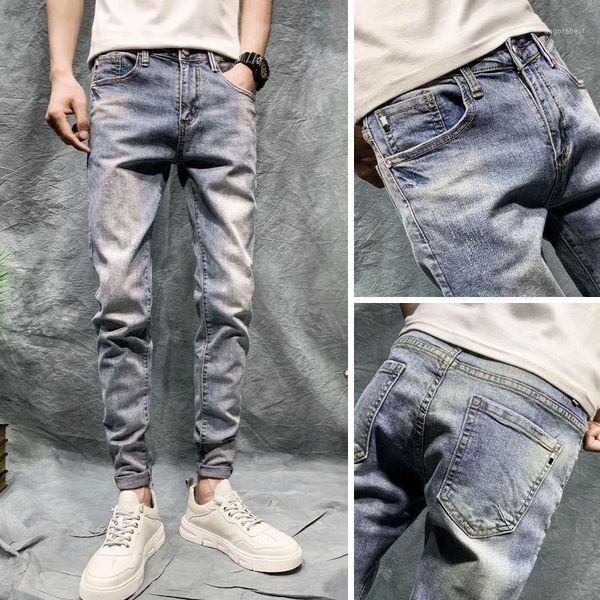 

2020 autumn and winter new jeans men's slim-fit skinny pants capri-pants fashion all-match stretch trendy denim trousers1, Blue