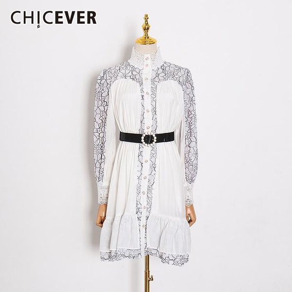 

casual dresses chicever elegant patchwork print women's dress turtleneck lace long sleeve high waist with sashes female 2021 clothing, Black;gray