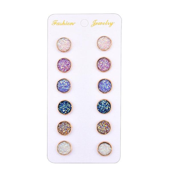 

stud 6pairs/lot colorful resin cabochon earrings round shape piercing for women set fashion wedding jewelry party gift, Golden;silver