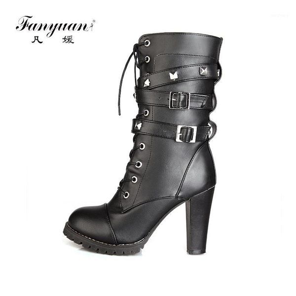

fanyuan new plus size 33-43 rivet buckles decoration women's mid calf boots woman party booties high heels woman boots1, Black