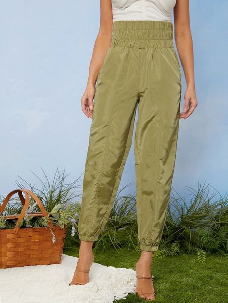 

ruched waist solid pants f6en#, Black;white