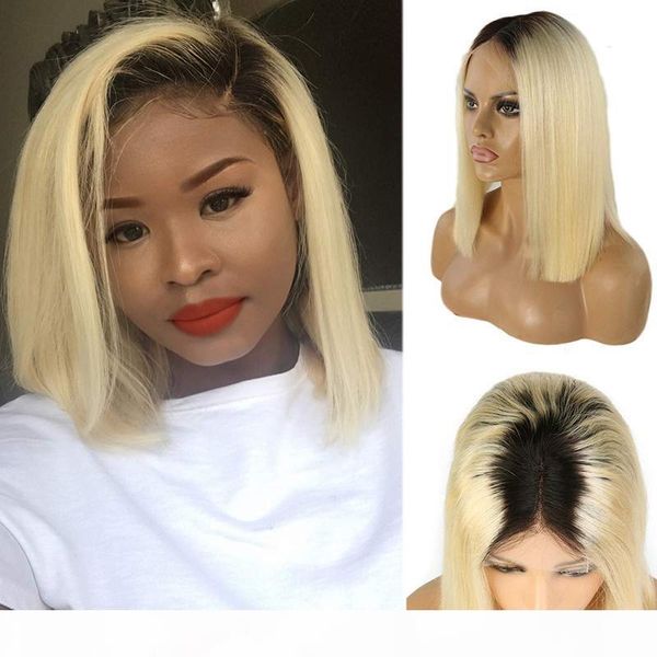 

t1b 613 ombre blonde human hair wigs soku brazilian remy straight short bob lace front human hair wig with baby 613 wig, Black;brown