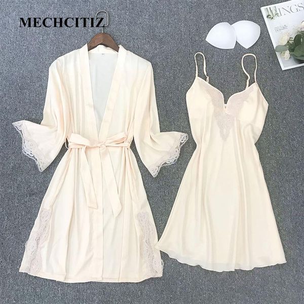

women's sleepwear mechcitiz 2021 women silk robe gown set spring lace dress satin pajamas casual bathrobe home lingerie with belt, Black;red