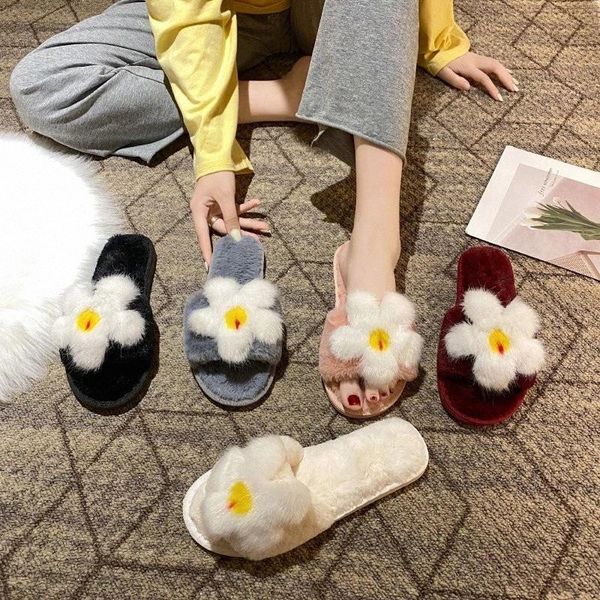 

cootelili woman slippers winter shoes for women new fashion faux fur flat heel women shoes flower decoration plus size 40 41 #vu2g, Black