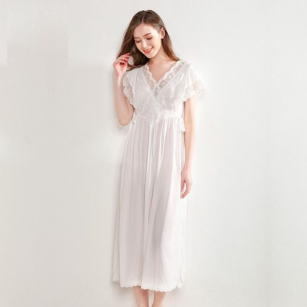 

2019 summer white cotton viscose female long nightgowns short sleeve vintage princess sweet sleepwear lady night dress 1808181, Black;red