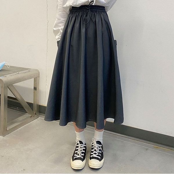 

2021 new high-waist elastic skirt long woman winter soild pocket line plissate women's skirts (x1685) bb6f, Black