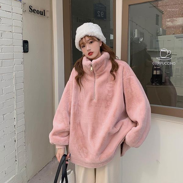 

stand-up collar plush sweatshirt women autumn and winter loose and versatile thick lamb wool coat1, Black
