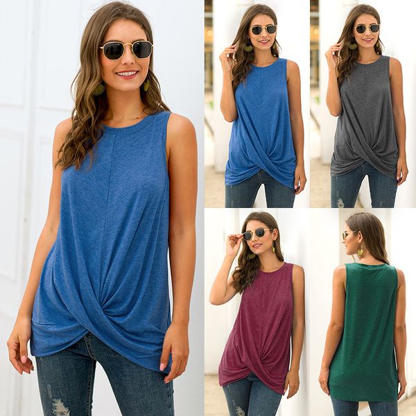 

summer new european and american womens clothing selling leisure round neck sleeveless pleated stitching t-shirt top, White