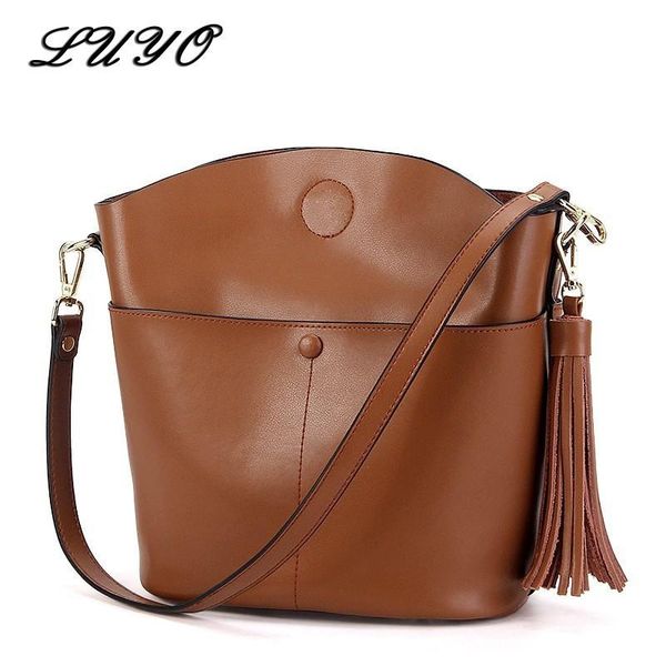 

luyo tassel genuine leather bucket fashion female messenger bags handbags women famous brands sac a main crossbody bags for tote