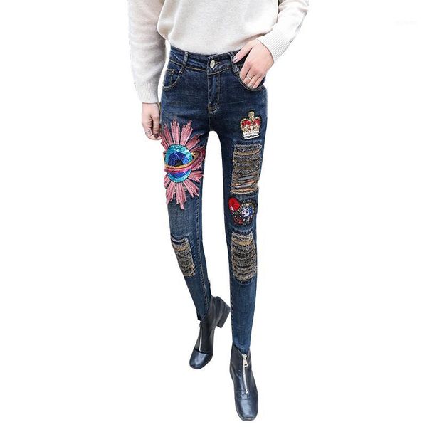 

crown and planet patch sequins jeans women casual tear hole denim jeans for woman long trousers female pencil pants1, Blue