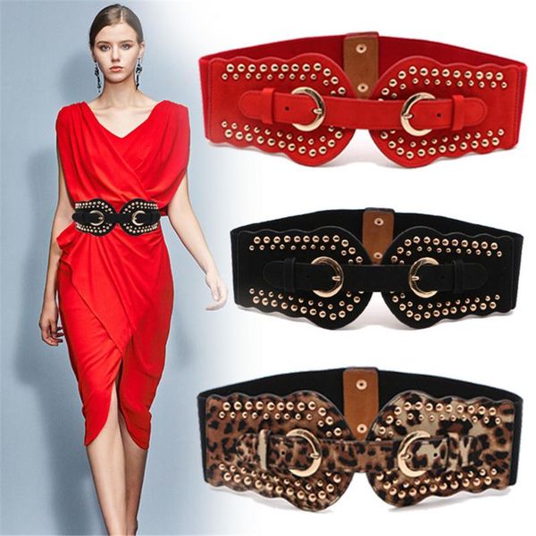 

new fashion personality rivets elastic stretch wide belt women dress accessories suede leopard wide belt women, Black;brown