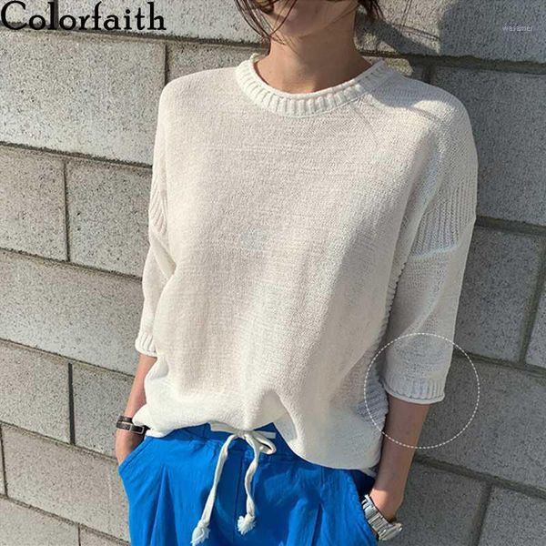 

colorfaith new 2020 women summer t-shirts solid knitting bottoming casual elasticity fashionable thin half sleeve t29011, White