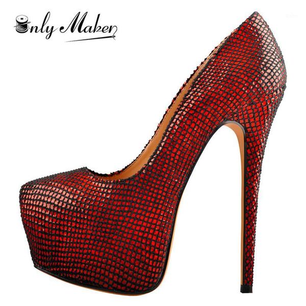 

onlymaker women's platform stiletto 16cm high heels closed toe glossy sequins pumps faux suede leather party shoes plus size1, Black