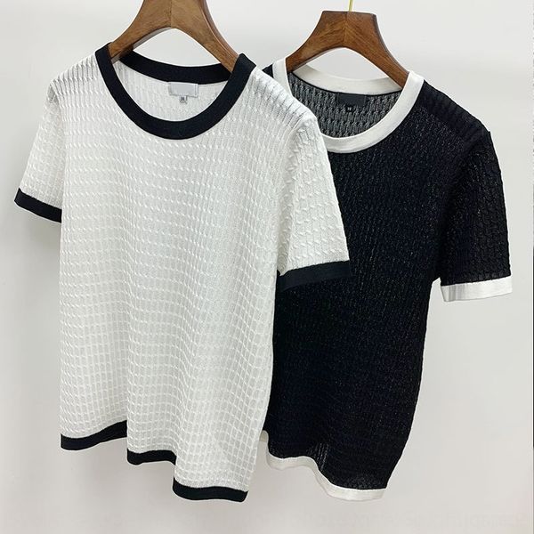 

5jgq9 fashionable graceful elegant close-fitting soft color contrast waxy silk sweater sweatersweater ice silk short sleeve women rmppt, White