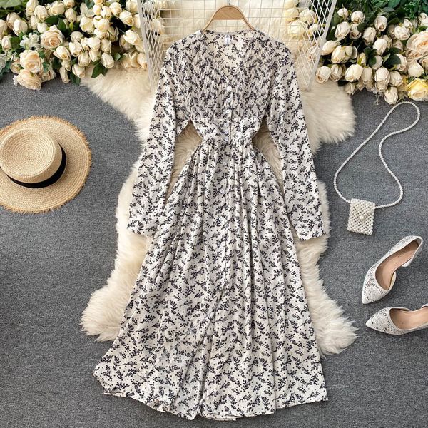 

2021 new female floral print chiffon button the line dressed autumn elastic ruched dress style 6ivi, Black;gray