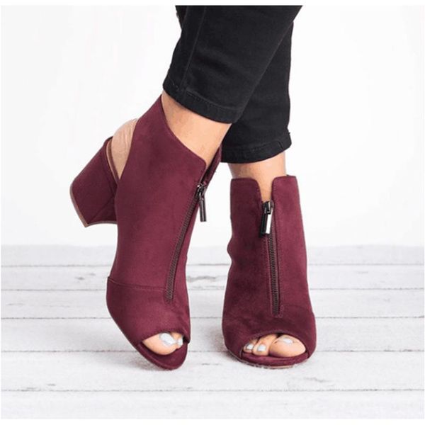 

женщина мода молнии peep toe pumps босоножки женские квадратные каблуки обувь женские комфортные высокие каблуки обувь женщина плюс размер, Black