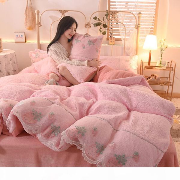 

lace lamb cashmere fleece flannel bedding set winter bedclothes 3 4pcs princess 2020 pillowcase embroidery flat new pink sheet