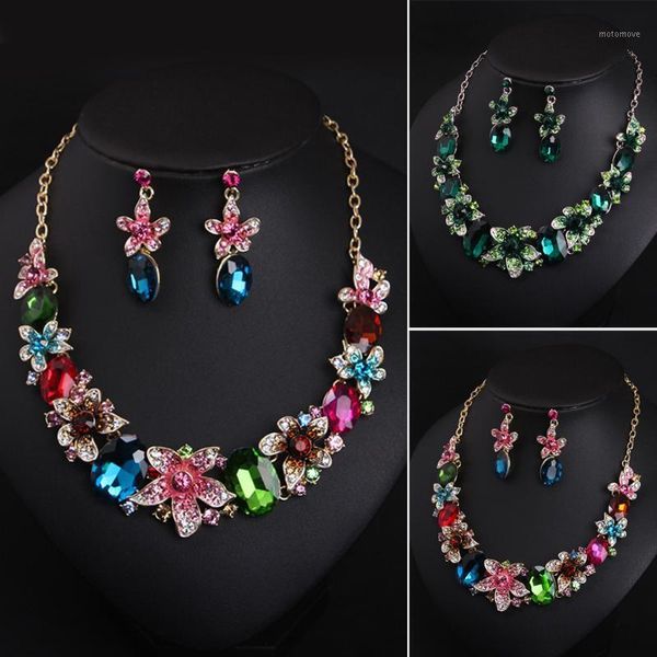 

earrings & necklace colorful flowers crystal rhinestone statement jewelry set wedding bib choker bridal women party accessory gift1, Silver