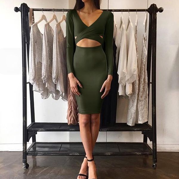 

spring autumn casual women long sleeve solid based dress deep v neck hollow bandage sheath lady dress1, Black;gray