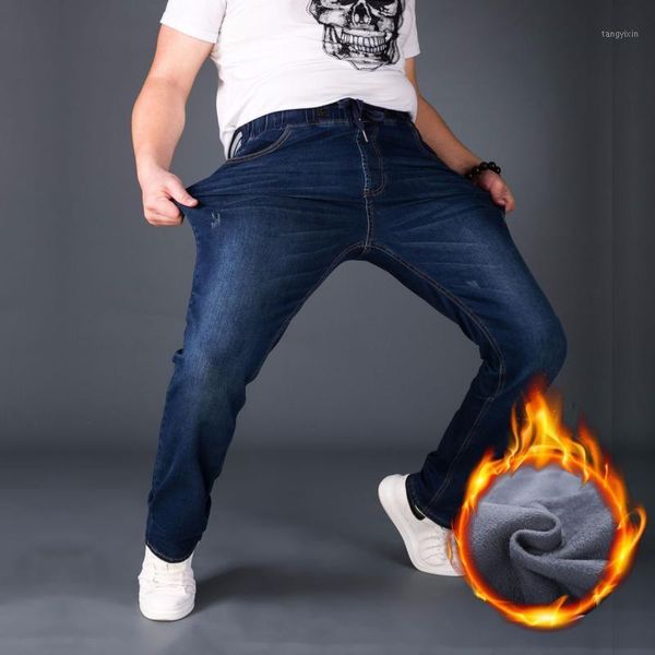 

2018 autumn and winter plus velvet cowboy men's trousers popular brand large size men's wear plus-sized elastic waist stretch de1, Blue