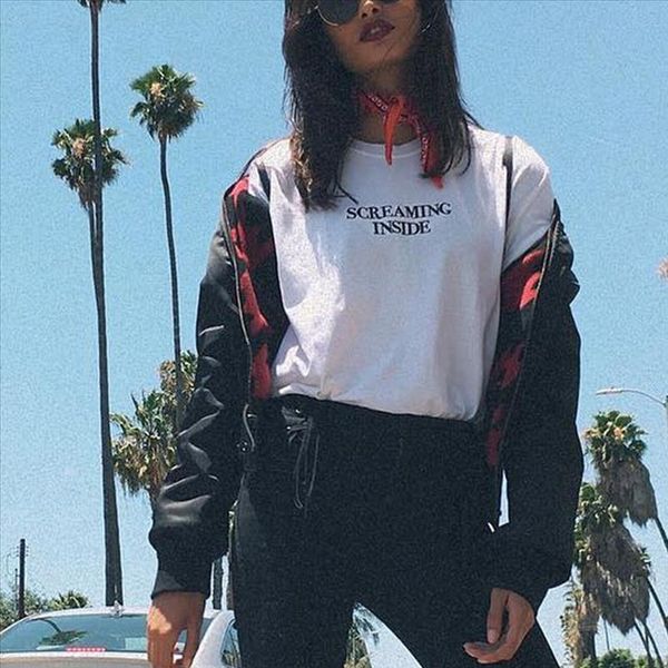 

screaming inside girl tumblr t shirt fashion women short sleeve tshirts letter printed casual tshirts graphic tees outfits, White