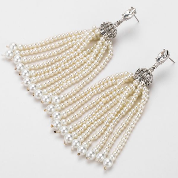 

exaggerated multi-layer tassel earrings imitation pearl crown inlaid earring, Golden