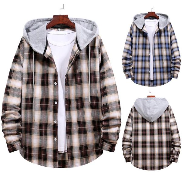 

new fashion brand men's clothing new men's clothing couple hooded four seasons long-sleeved plaid shirt jacket, Black;brown