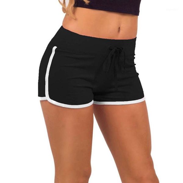 

wholesale- yo-ga drawstring shorts women casual loose cotton contrast bindingside split elastic waist short pants1, White;black