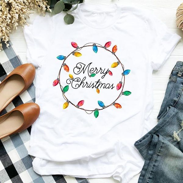 

women light festival new year 90s printing holiday merry christmas clothes ladies graphic print tee tshirt female t-shirt, White