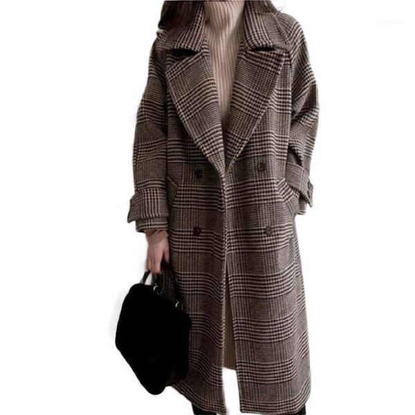 

autumn winter thick plaid long woolen coat women houndstooth loose trench female plus size overcoat ropa invierno mujer1, Black