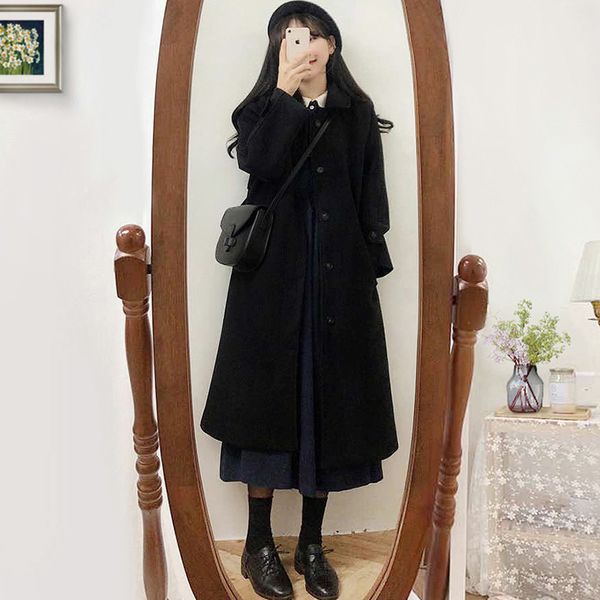 

woolen women's middle long 2021 new small autumn and winter coat, Black