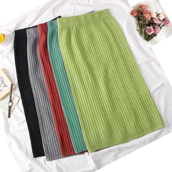 

stretchable split knit sweater skirt elastic band high waist midi pencil skirt bodycon women long skirts jupe femme faldas, Black