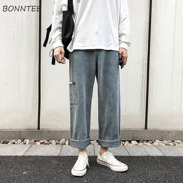 

jeans men patch pocket ankle-length trendy casual roll up retro korean style mens denim trousers streetwear all-match chic new1, Blue