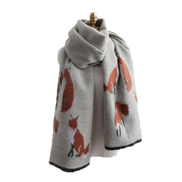 

large size winter fashion fox print scarf women luxury thick warm cashmere shawl vintage brand designer long scarves female y201007, Blue;gray