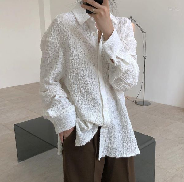 

superaen 2021 spring new vintage wrinkle texture solid full white shirt all match slim blouse women1