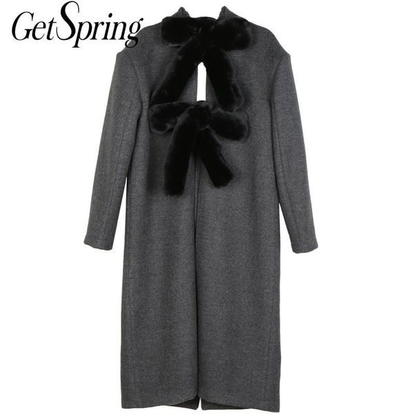 

women's wool & blends getspring women woolen coat patchwork hollow out overcoat vintage casual long winter 2021 fashion, Black