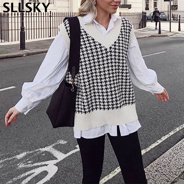 

sllsky plaid knitted sweater vest women 2020 oversized pullover vintage sleeveless v-neck korean female waistcoat sweater 1023, Black;white