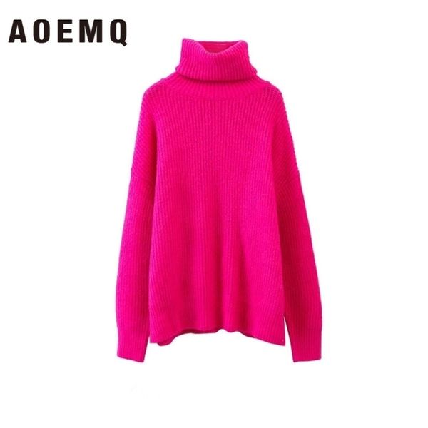 AOEMQ Outono e Inverno Novo Longa Sólida Cores Grosso Sweater Knit Fluorescente Alto Collar Solta Pullover Sweater Feminino 201201