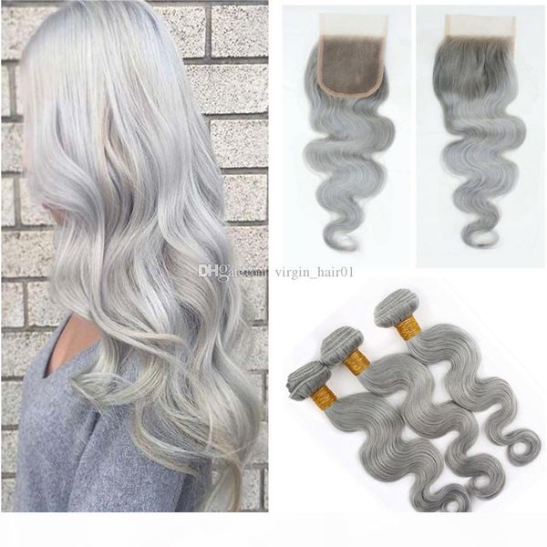 

перуанский body wave virgin волос с кружевом затворов щепка серой человеческие 3 волос пучков с кружевом верхней крышкой отбеленные узлы с в, Black;brown