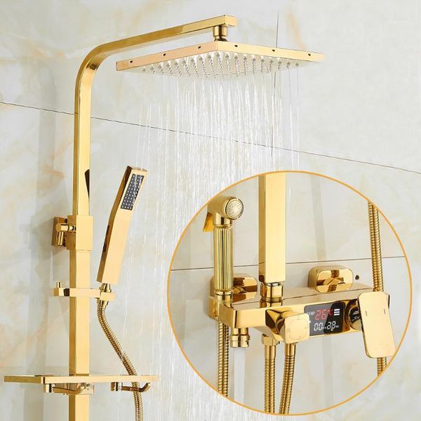 Роскошные золотые термостатические краны для душа ванная комната латунный ванна смеситель смеситель кран настенные настенные наборы цифровых экранов