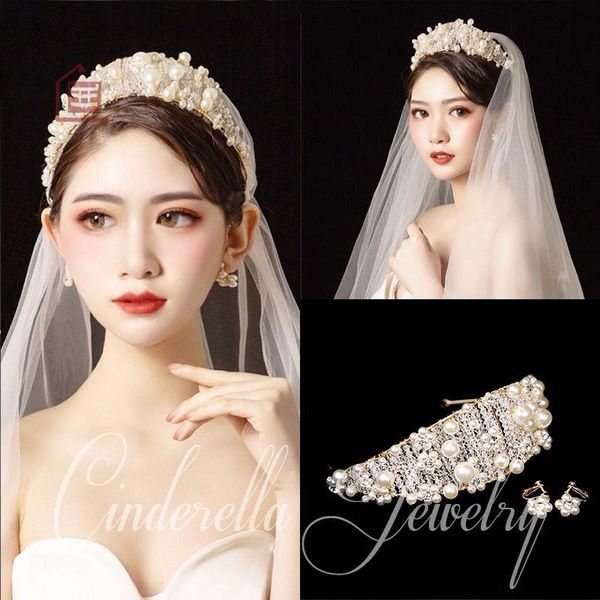 

korean bridal headdress headband hair ornament pearl beaded portrait temperament crown wedding dress handmade accessories, Silver