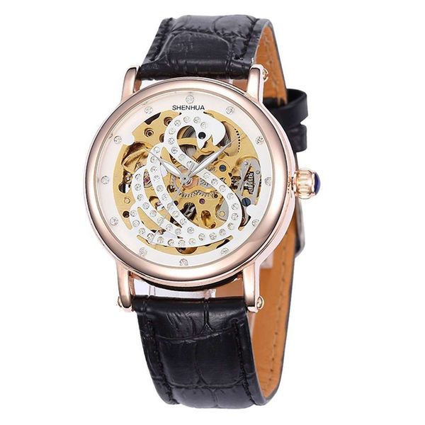 

swan fashion 9352t women's shenhua leisure shenhua pattern hollowed out versatile mechanical watch, Slivery;brown
