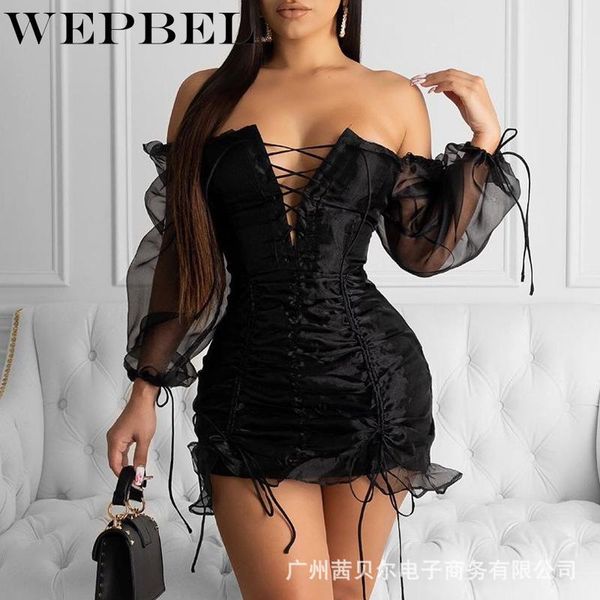 

wepbel женщины элегантные от плечо кружева сетка bandage мини платье повседневная женские длинные фонарь рукав v шея drawstring ruched плать, Black;gray